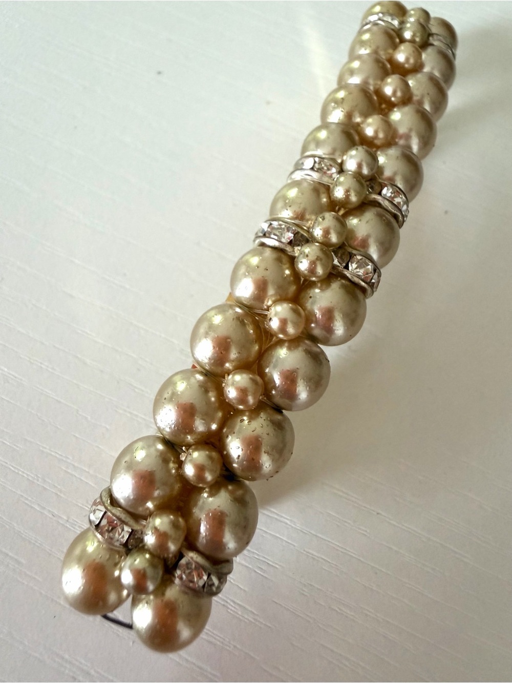 Neiman Marcus, lustrous Grey Pearl & Crystal Barrette Hair Clip 3 1/2"